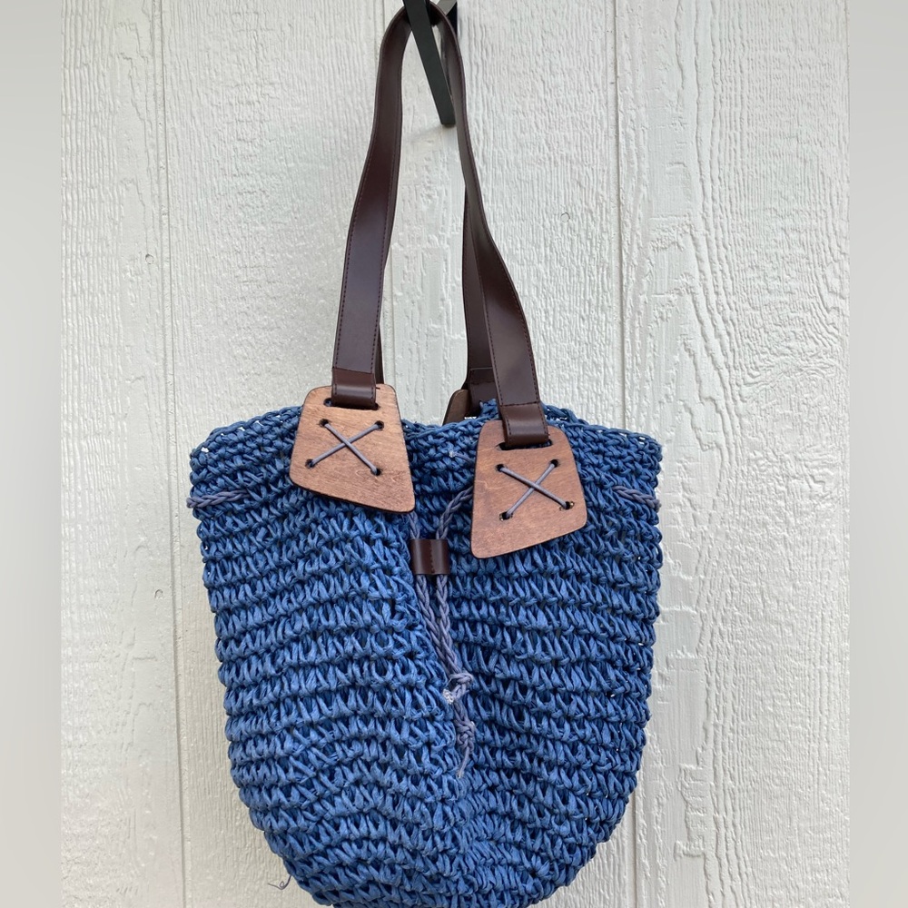 Vintage Unbranded Woven Blue Drawstring Shoulder Tote Bag Purse